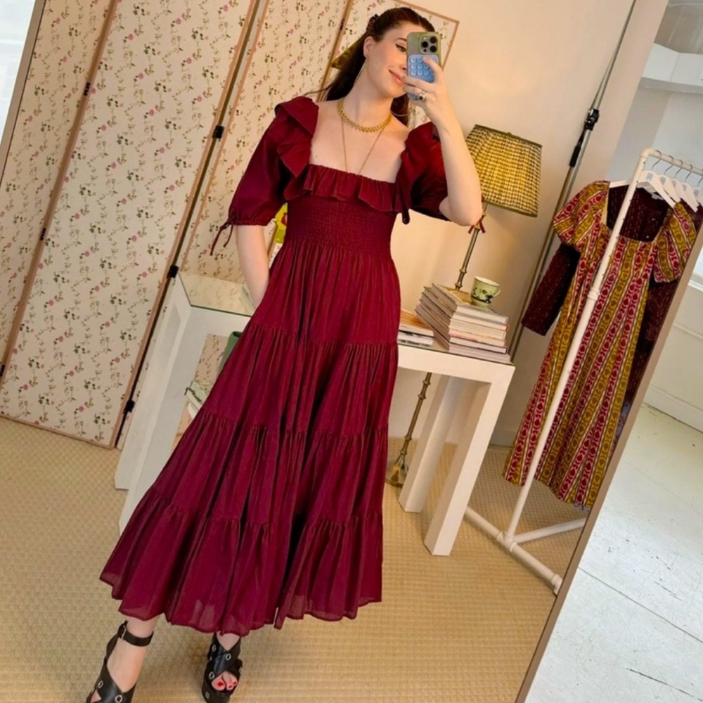 ISO Hill House Burgundy Corinne Midi Nap Dress
